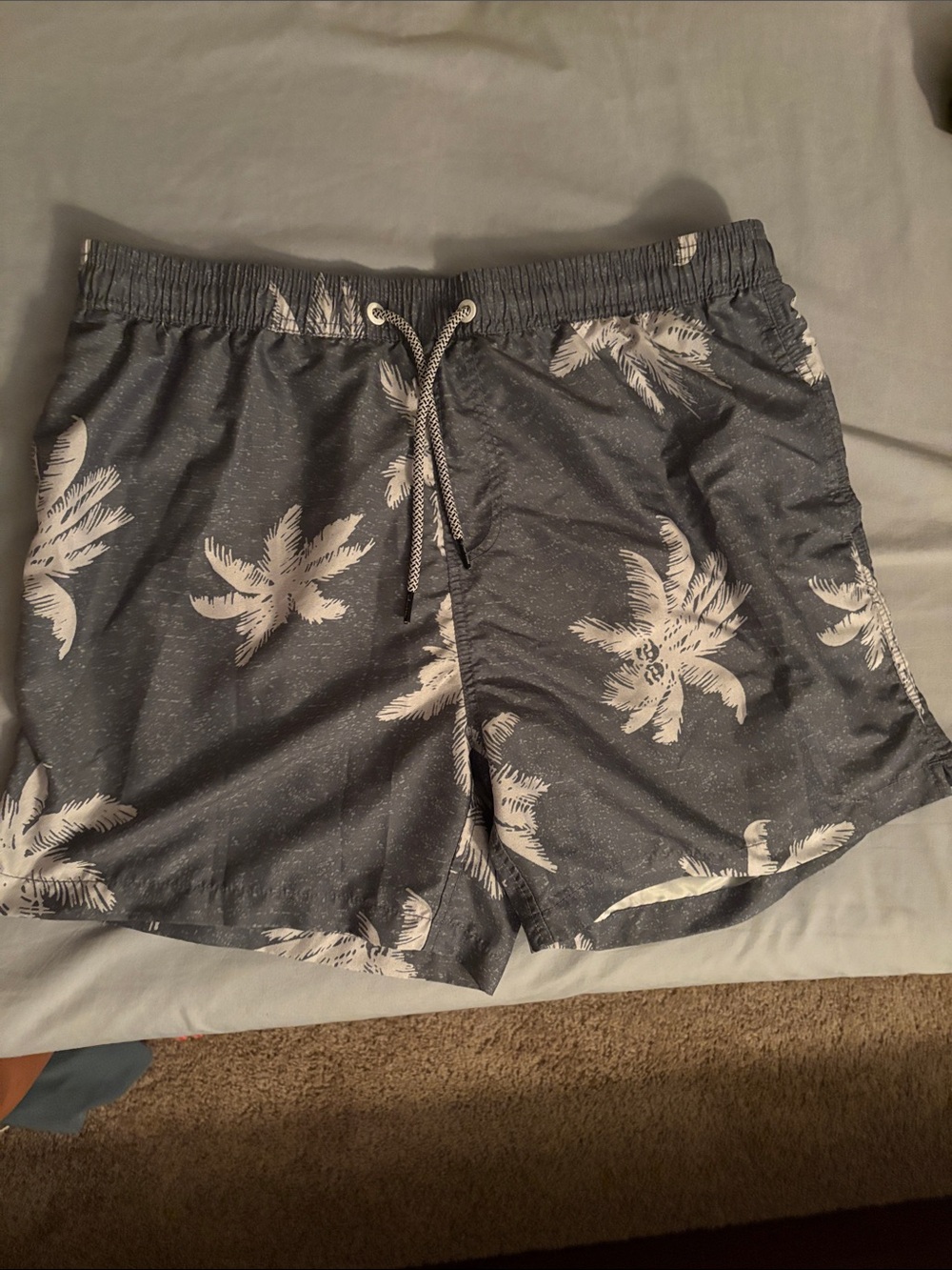 Men's Gray Palm-Print Swim Trunks with Drawstring